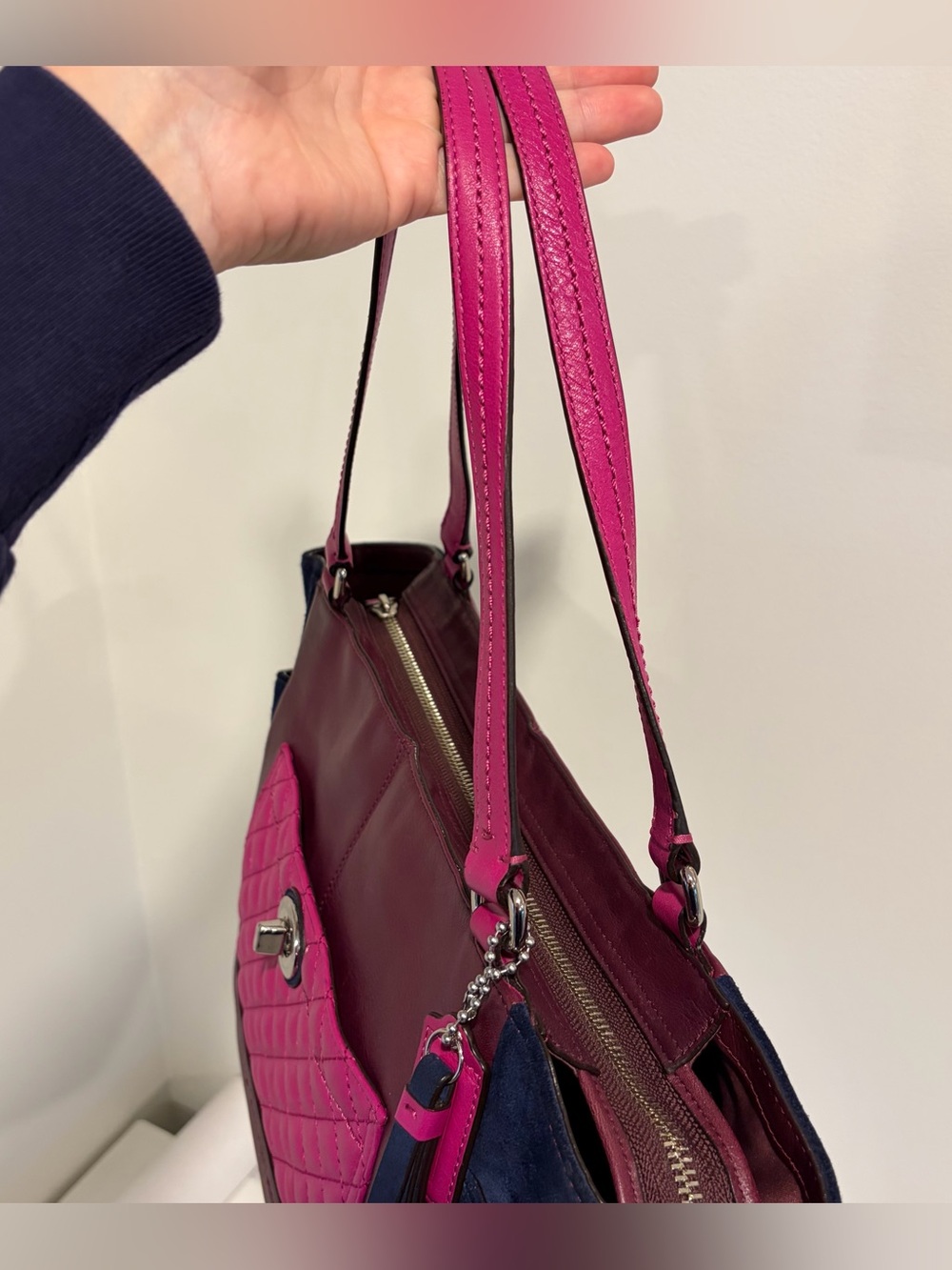 Coach #F24693 Colorblock Leather Tote Bag in Fuchsia, Burgundy & Navy - Picture 15 of 16